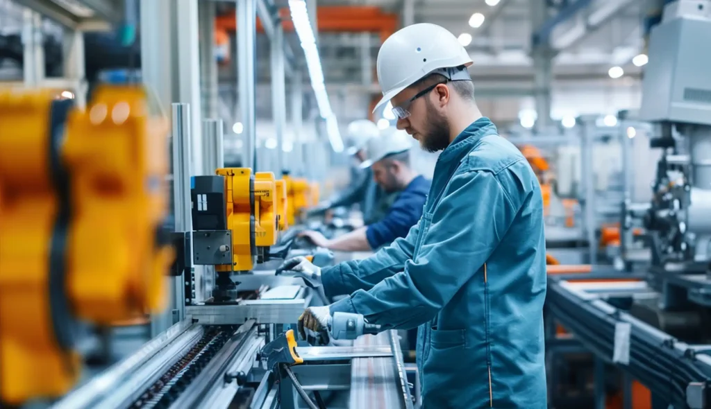 Factory workers assembling products