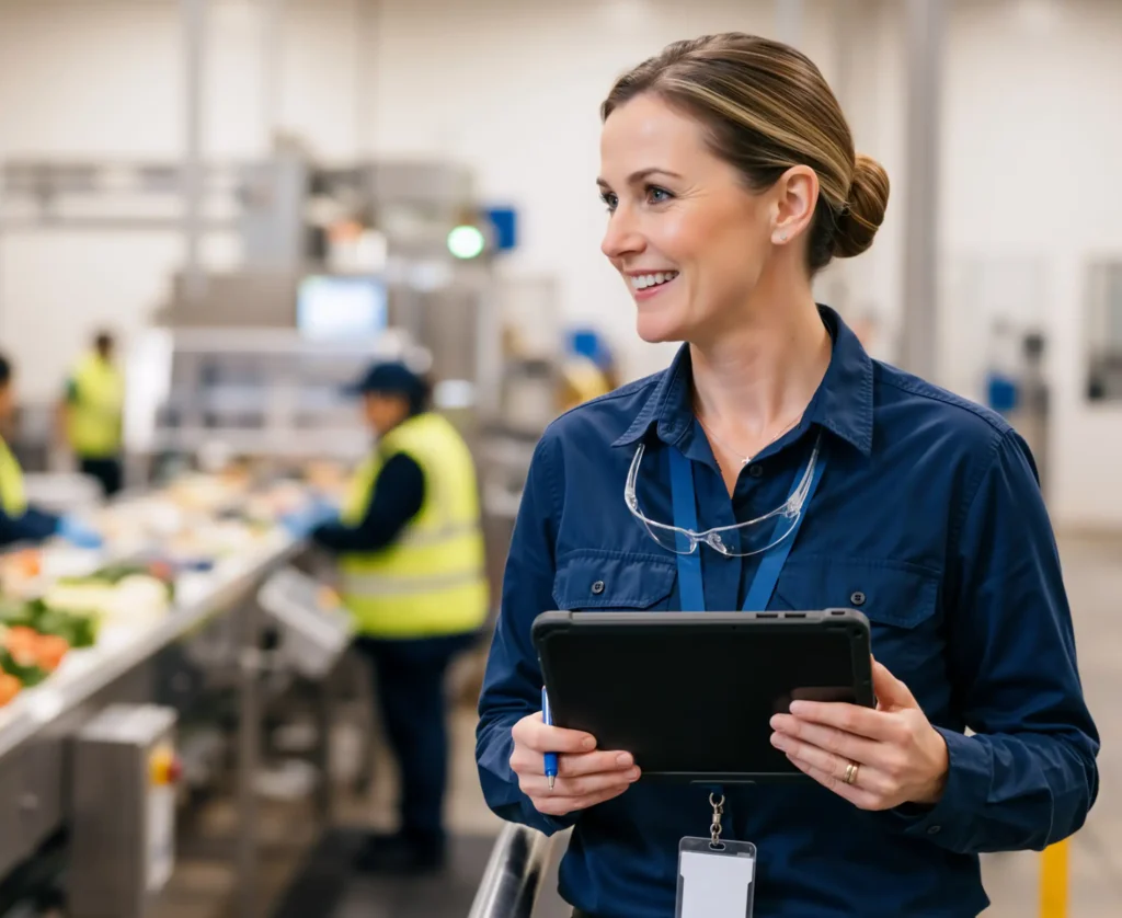manager holding tablet at food production line