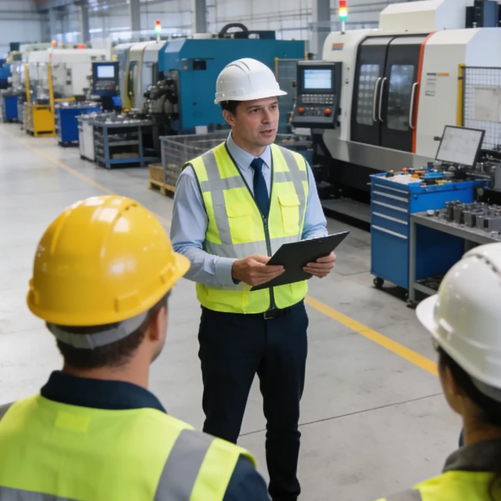 manufacturing briefing on a modern production floor